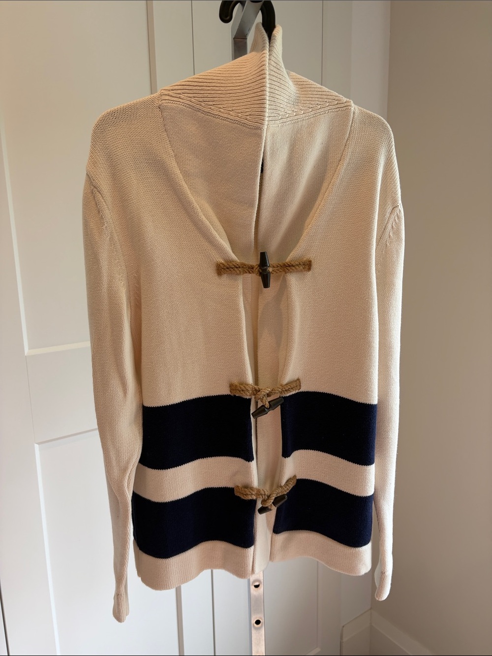 Cream and Navy Nautical Hooded Toggle Sweater